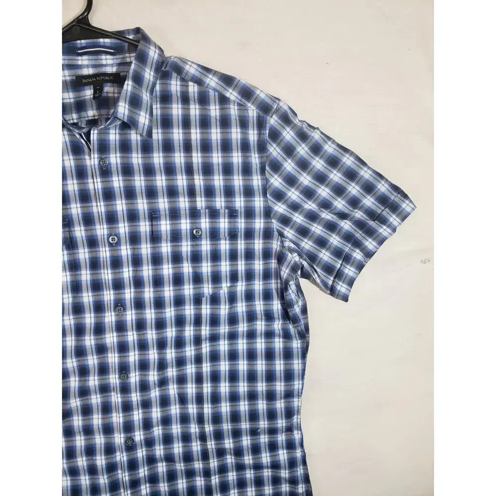 Banana Republic Men’s Large, Button - Up Check Shirt BLUE PLAID Stretch R338
